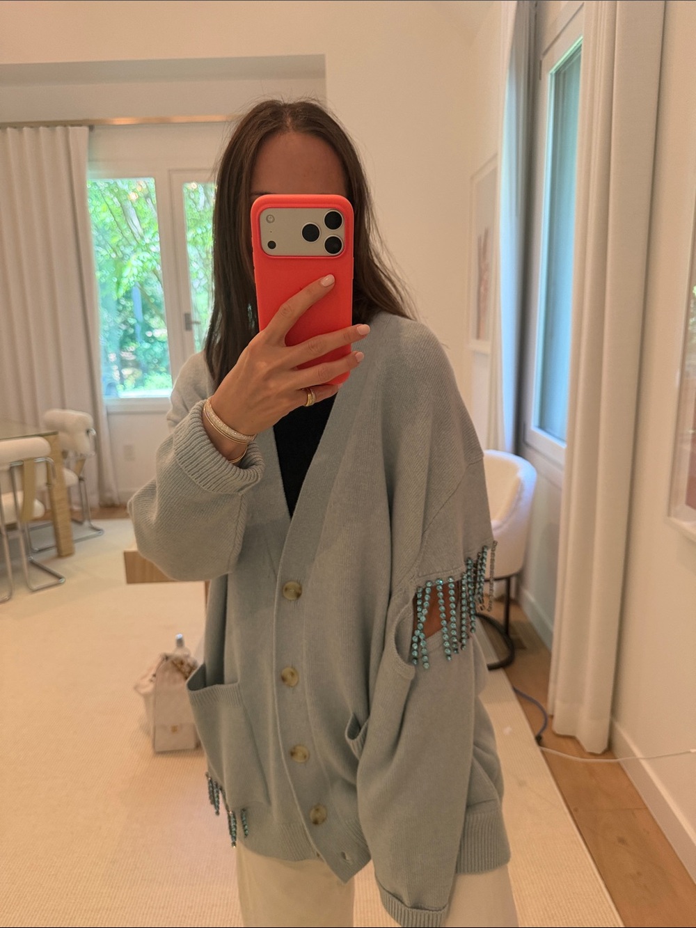 Christopher Kane Light Blue Gemstone Fringe V-Neck Cardigan